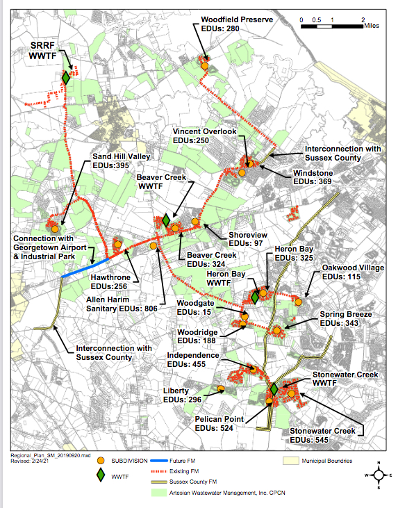 The proposed Artesian Southern Regional Recharge Facility would serve a wide area north and east of Milton, west to Georgetown, and south to the Long Neck area. ARTESIAN GRAPHIC